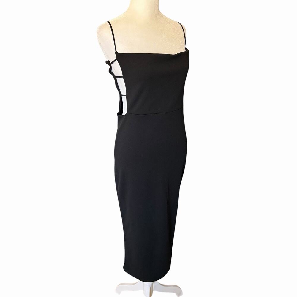 PLT Pretty Little Thing US 6 Bodycon Midi Dress Black Open Sides Spaghetti Strap